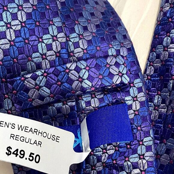 NWT Men's Warehouse 100%‎ Silk Tie Blue Floral Print - Picture 3 of 4